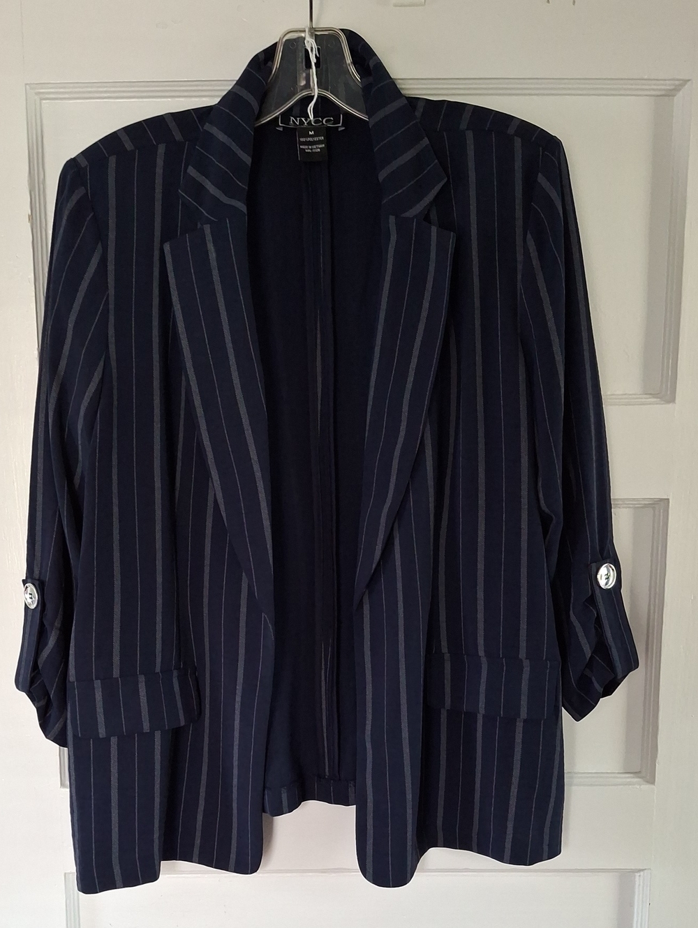 NYCC Navy Pinstripe Open-Front Blazer